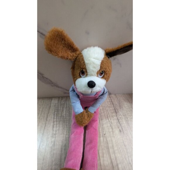 Vintage knee hugger Stuffed Dog Toy Pink Corduroy Overalls & Striped Shirt 15" - Picture 4 of 7